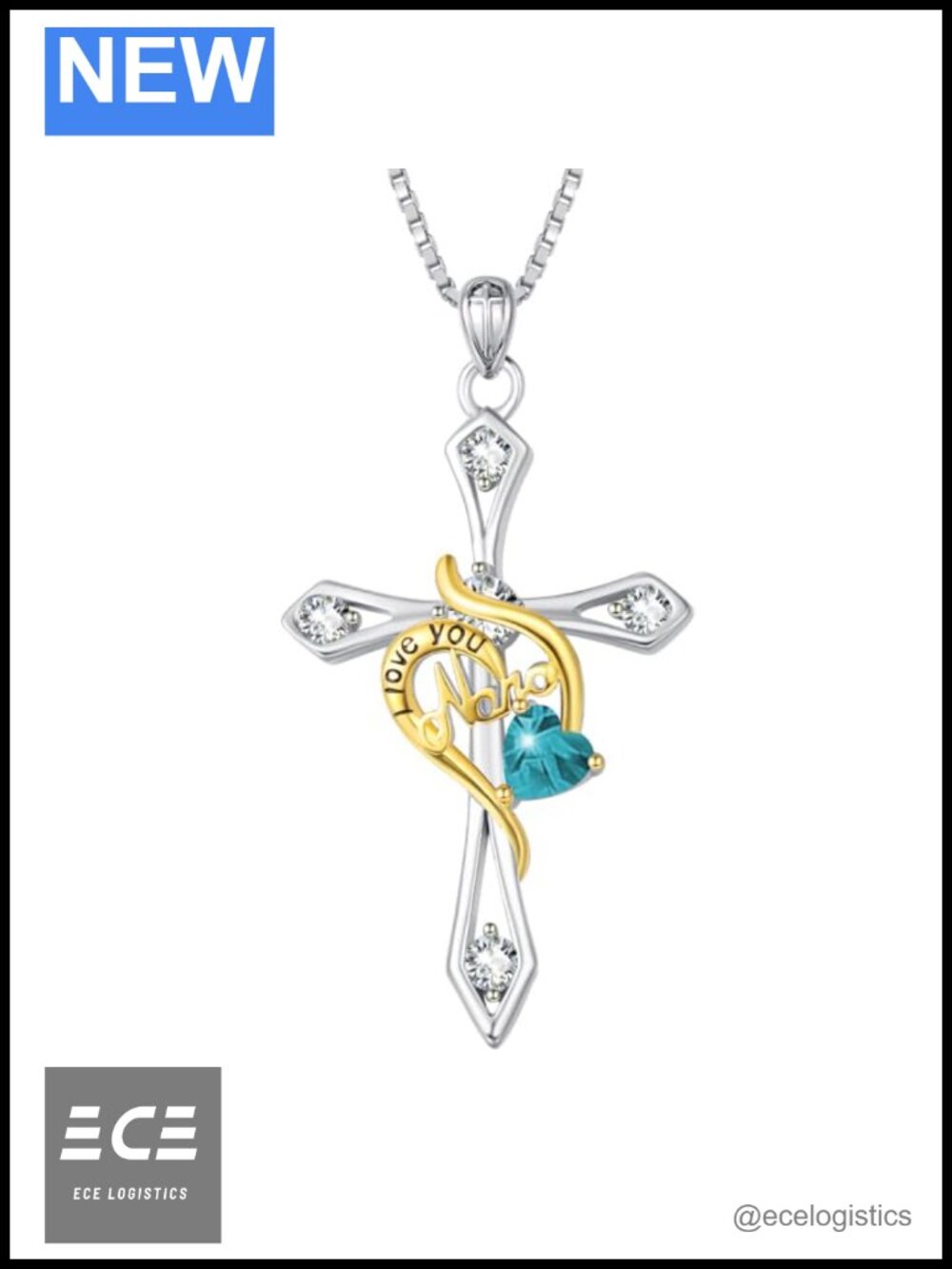 I Love You Nana Cross Necklace 18K White Gold Plated Heart Birthstone